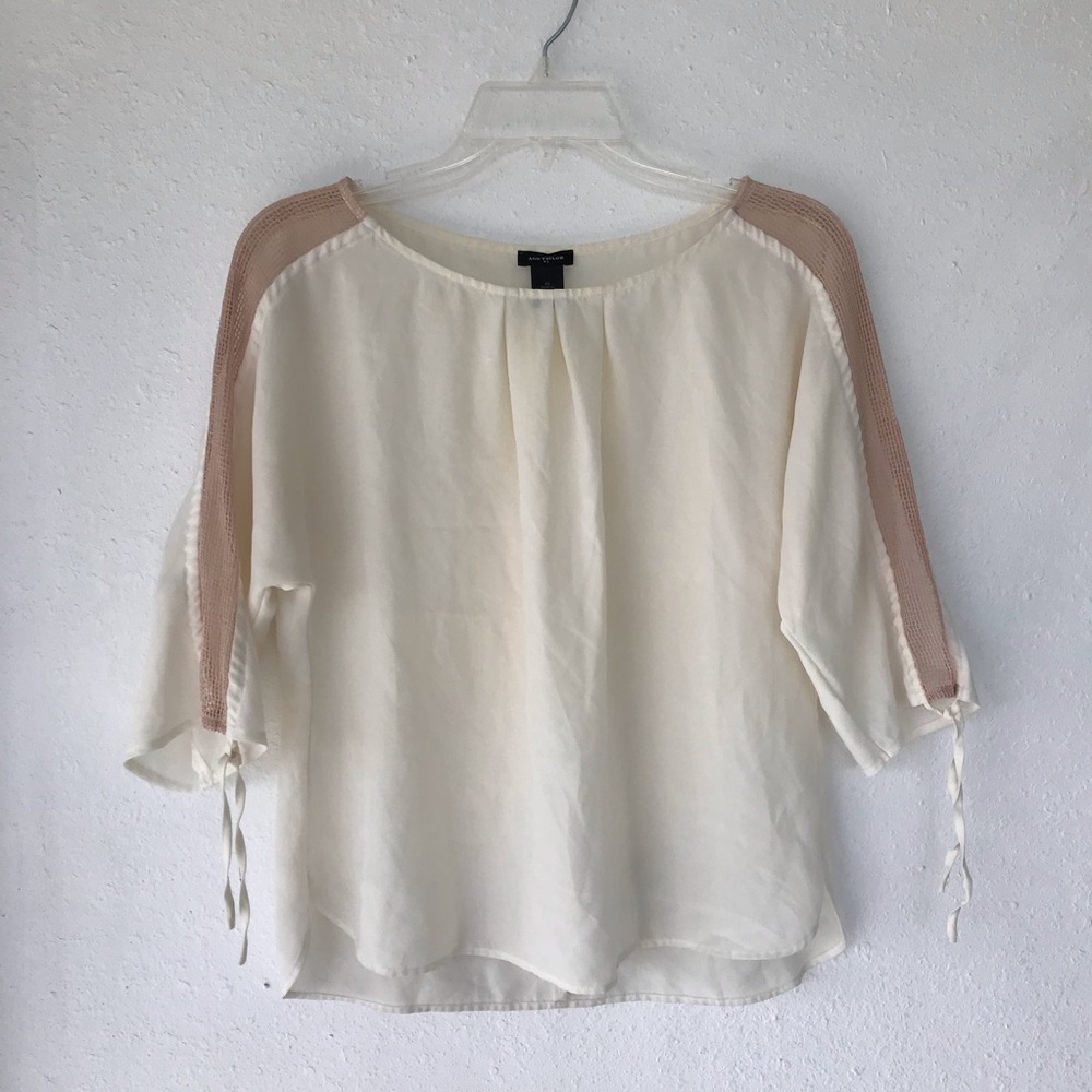 Ann Taylor Blouse white tied mesh